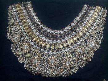 Partywear handwork maharani neck un-stitched black dupion raw silk blouse 1