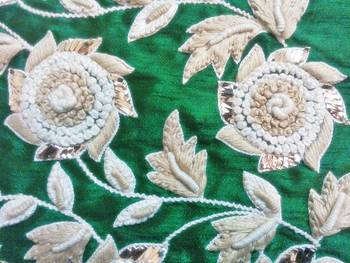 Heavy hand-embroidered un-stitched green dupion silk material blouse 3