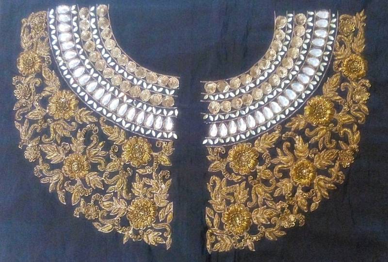 Heavy handwork un-stitched maharani neck black dupion raw silk material blouse with antique dabka work
