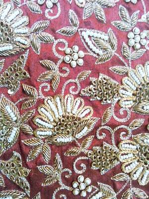 Heavy hand-embroidered un-stitched maroon dupion silk material blouse 2