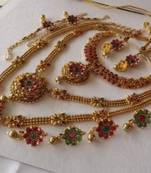 Golden , Maroon Complete Bridal Necklace Set with Baaju Bandh, Kamarbandh in Beads