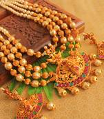 Beautiful Matte Finish Semiprecious Ruby Emerald Pearl Peacock Haar Set  Dj13109