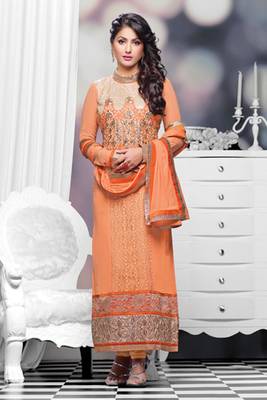 Peach Georgette Embroidered Salwar Kameez with Peach Bottom and Dupatta 1