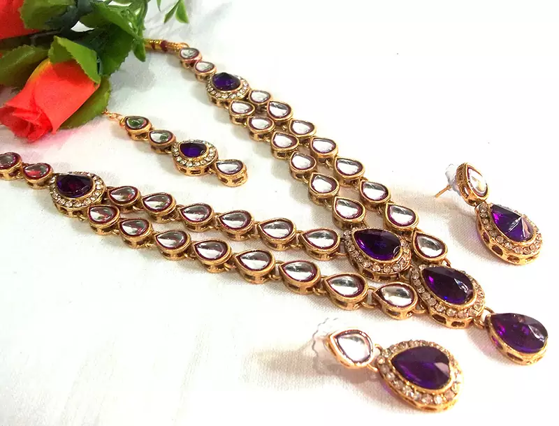 Purple Double line kundan necklace set
