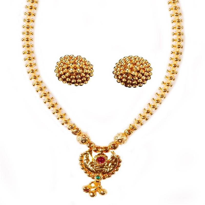 Kolhapuri Golden Copper Moti Chandra Ghat Thushi Necklace With Earrings