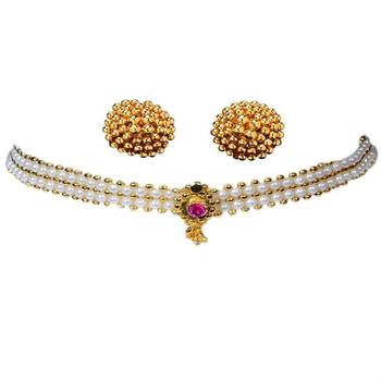 Kolhapuri Golden Moti Choker Thushi Necklace With Earrings 1