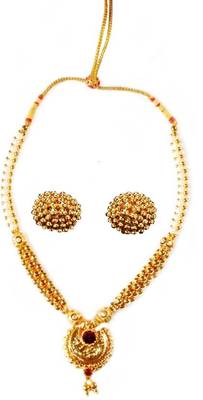 Soubhagya Jewellers Pearl Lambat Mani Chandrakor Pendent Kolhapuri Ghat Necklace With Earrings 1