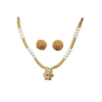 Maharashtrian Attractive Golden Work Soubhagya Jewellery Moti Thushi Set Neckpiece …WIth Earrings 1