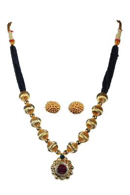 Kolhapuri Traditional Strands of Black and Gold Beads Dorale Brass Mangalsutra With Earrings 1