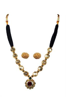 Kolhapuri Traditional Strands of Black and Gold Beads Dorale Brass Mangalsutra With Earrings 1
