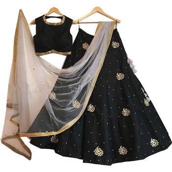 Black embroidered dupion silk unstitched lehenga 1