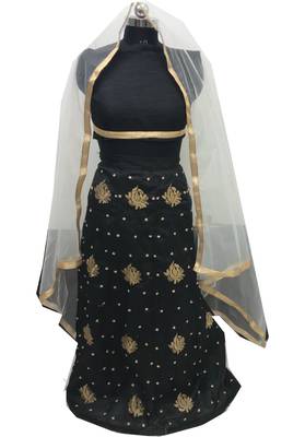 Black embroidered dupion silk unstitched lehenga 2