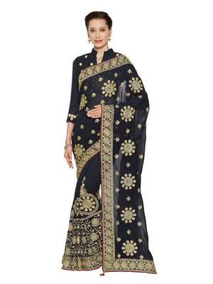 Navy blue embroidered faux georgette saree with blouse 1
