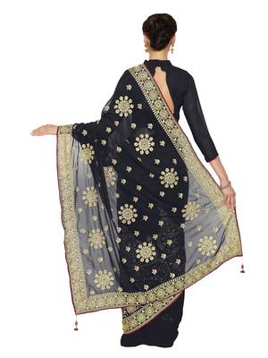 Navy blue embroidered faux georgette saree with blouse 2