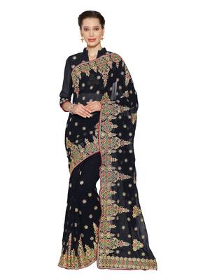 Black embroidered faux georgette saree with blouse 1