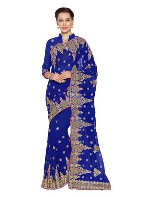 Royal blue embroidered faux georgette saree with blouse 1