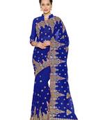 Royal blue embroidered faux georgette saree with blouse