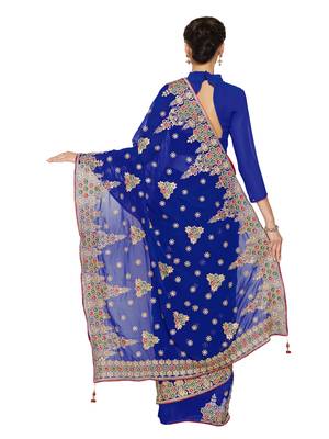 Royal blue embroidered faux georgette saree with blouse 2