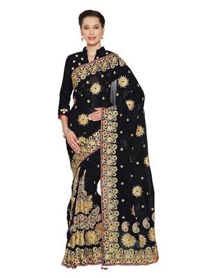 Black embroidered faux georgette saree with blouse 1