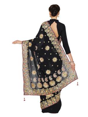 Black embroidered faux georgette saree with blouse 2