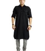 Men'S Cotton Solid Black Colour Long Length Pathani Kurta