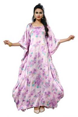 Pink  And  White Color Printed High Quality Satin Silk Long Designer Kaftan 2