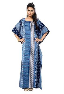 Blue  And  White Color Printed High Quality Satin Silk Long Designer Kaftan 1