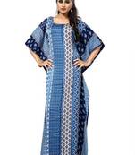Blue  And  White Color Printed High Quality Satin Silk Long Designer Kaftan