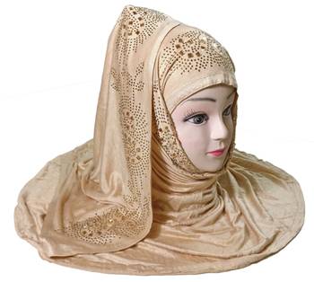 Beige Diamond Stone Work Hoisery Cotton Women'S Headscarf 1