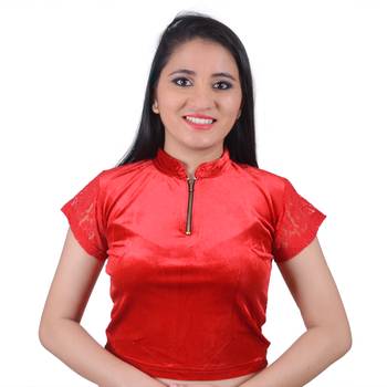 Red  Cotton Lycra Solid stitched blouse 1