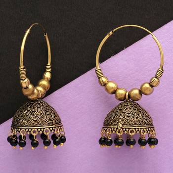 Black Color Beads Traditional Jhumka Earrings 4