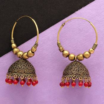 Festive Collection Maroon Color Beads Jhumka Earrings 4