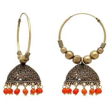Orange Color Beads Traditional Jhumka Earrings 3