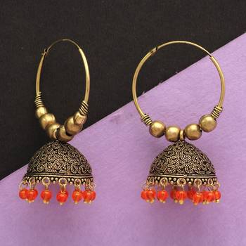 Orange Color Beads Traditional Jhumka Earrings 4
