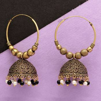 Partywear Special Black  And  White Color Beads Jhumka Earrings 4