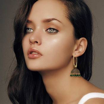 Green Color Beads Jhumka Earrings For Girls  And  Women 2