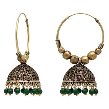 Green Color Beads Jhumka Earrings For Girls  And  Women 3
