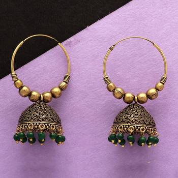 Green Color Beads Jhumka Earrings For Girls  And  Women 4