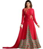 Red embroidered georgette anarkali salwar with dupatta