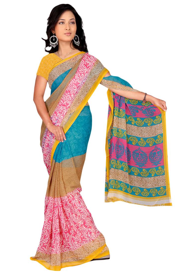 Multicolor printed chiffon saree with blouse