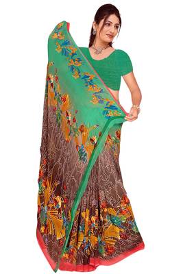Brown printed georgette saree with blouse 1