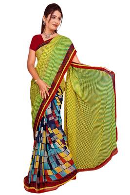 Light green printed georgette saree with blouse 1
