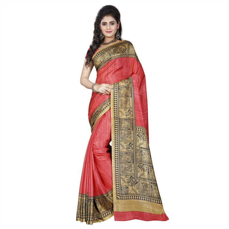 Peach Ikat Printed Silk Saree With Unstitched Blouse Piece