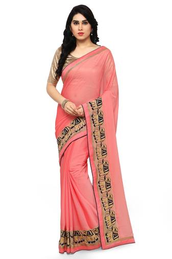 Red Embroidered Chiffon Saree With Blouse