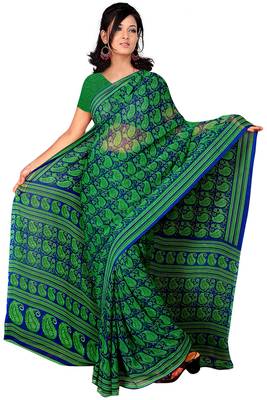 Green printed georgette saree with blouse 1