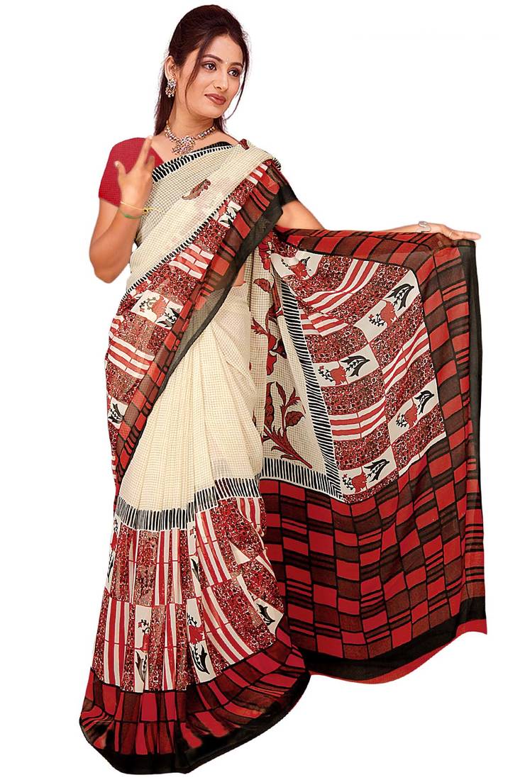 Cream printed georgette saree with blouse