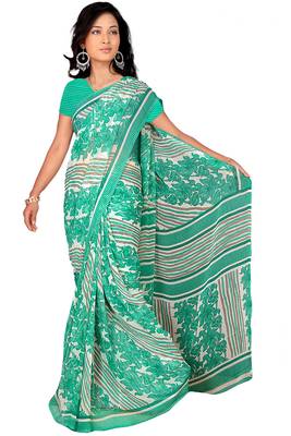Green printed georgette saree with blouse 1
