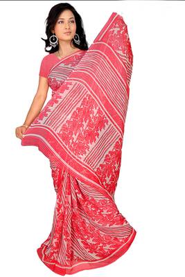 Pink printed georgette saree with blouse 1