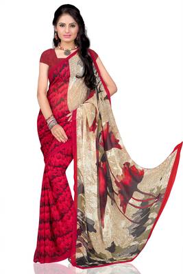 Red printed georgette saree with blouse 1