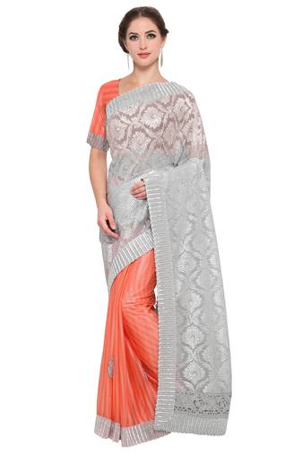 Peach Embroidered Lycra Saree With Blouse